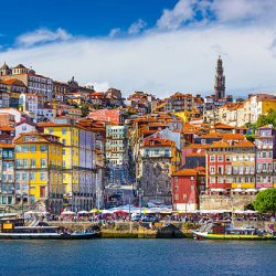 Porto, Portugal old town skyline from across the Douro River.